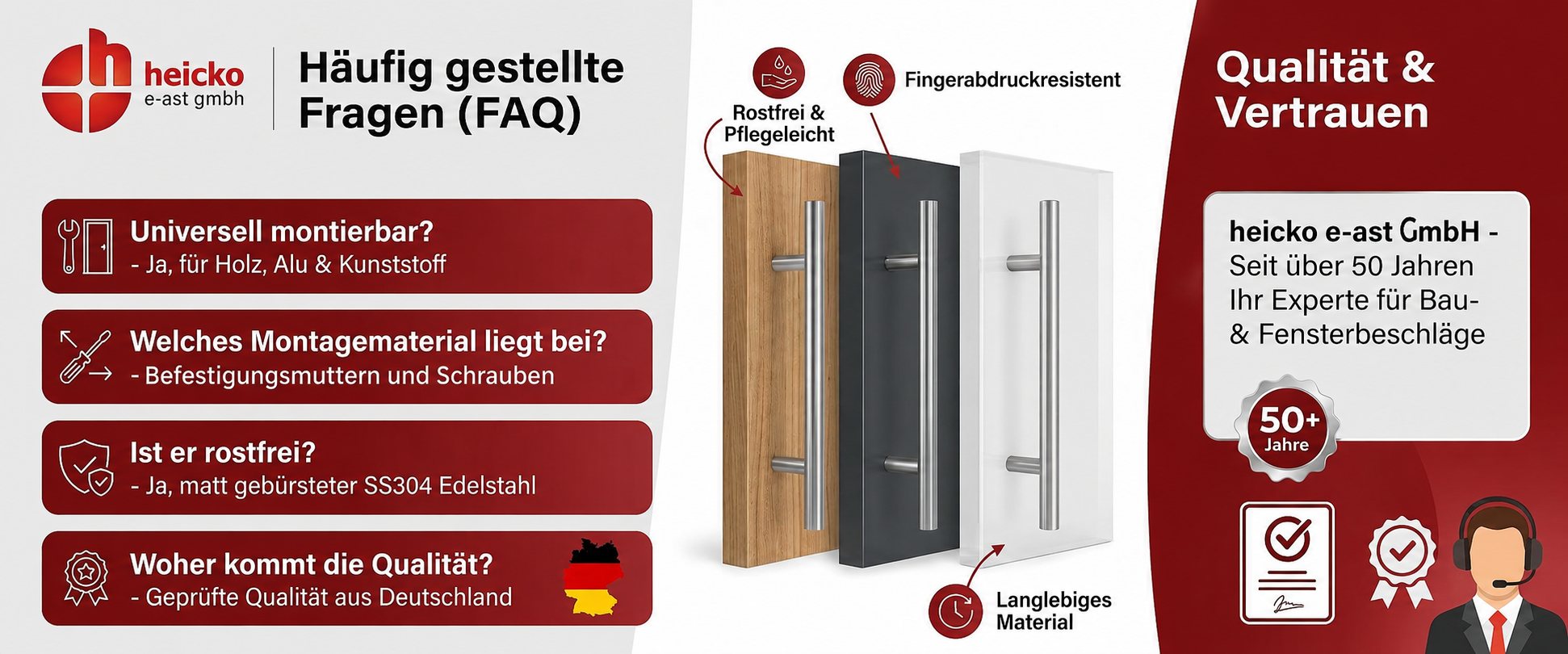 Universell montierbar? Ja für Holz, Alu und Kunststoff. Welches Montagematerial liegt bei? Befestigungsmuttern und Schrauben. Ist er rostfrei? Ja matt gebürsteter SS304 Edelstahl. Woher kommt die Qualität? Geprüfte Qualität aus Deutschland.