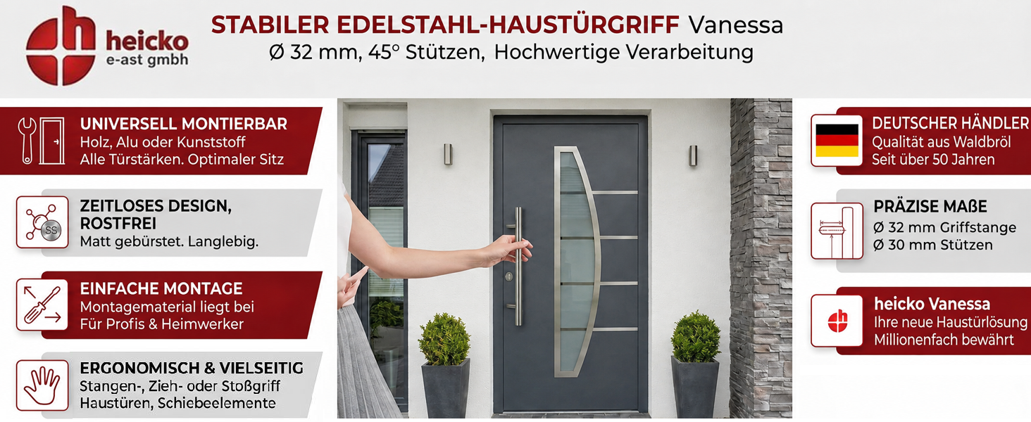 Universell montierbar: Holz, Alu oder Kunststoff. Alle Türstärken und optimaler Sitz. Zeitloses Design, rostfrei. Matt gebürstet und langlebig. Einfache Montage. Montagematerial liegt bei. Für Profis und Handwerker. Ergonomisch und Vielseitig. Stangengriff, Ziehgriff oder Stoßgriff. Haustüren und Schiebeelemente. Deutscher Händler. Qualität aus Waldbröl seit über 50 Jahren. Präzise Maße. Ø 32 mm Griffstange, Ø 30 mm Stützen. heicko Stossgriff Vanessa - Ihre neue Haustürlösung. Millionenfach bewährt