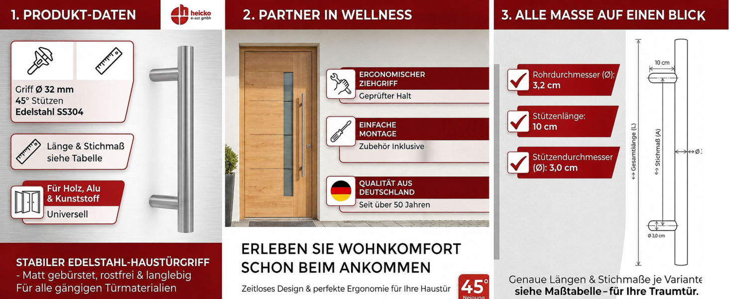 Griff Ø 32 mm, 45° Stützen, Edelstahl SS304. Länge und Stichmaß in der Tabelle. Für Holz, Alu & Kunststoff universell einsetzbar. Ergonomischer Ziehgriff, geprüfter Halt. Einfache Montage, Zubehör inklusive. Qualität aus Deutschland seit über 50 Jahren. Alle Maße auf einen Blick: Stützenlänge 10 cm. Rohrdurchmesser 3,2 cm Stützendurchmesser 3,0 cm. Stabilder Edelstahl Haustürgriff. Matt gebürstet, rostfrei und langlebig. Für alle gängigen Türmaterialien. Erleben Sie Wohnkomfort schon beim ankommen. Zeitloses Design & perfekte Ergonomie für Ihre Haustür. Genaue Längen und Stichmaße je Variante. Siehe Maßtabelle für Ihre Traumtür.